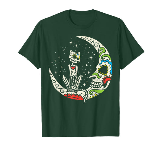 Sugar Skull Cat Moon Dia De Los Muertos Halloween Costume T-Shirt