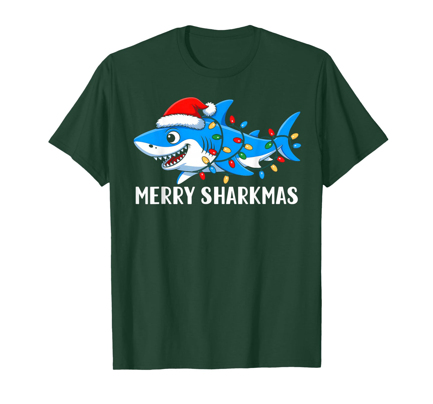 Merry Sharkmas Shark Christmas Lights Santa Hat Xmas Pajamas T-Shirt