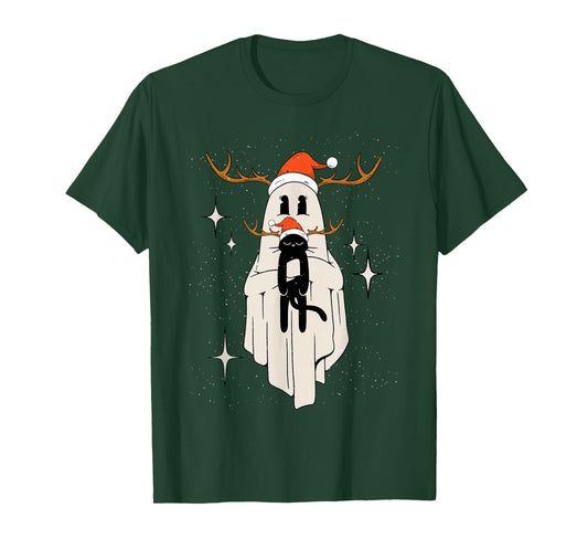 Cute Ghost with Santa Hat holding Black Cat - Kids Women Men T-Shirt