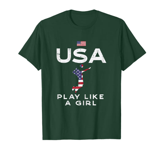 USA Flag Play Like Girl Volleyball Vintage Patritotic T-Shirt