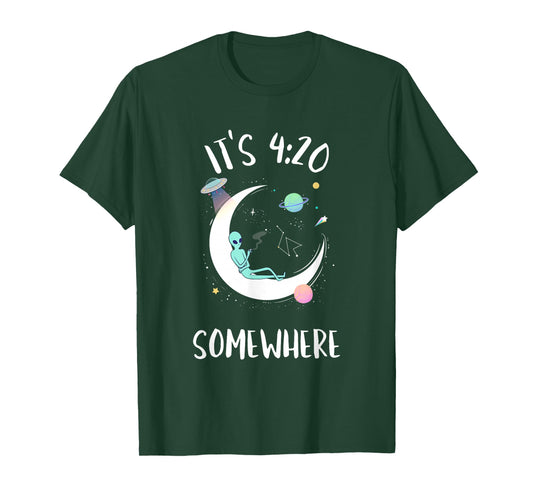 Funny Weed Joint Smoking Moon Alien | It's 4:20 Somewhere T-Shirt