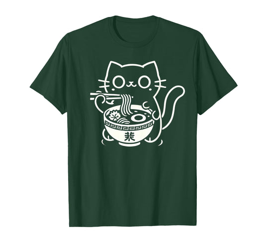 Kawaii Cat Eating Ramen Noodles Anime T-Shirt