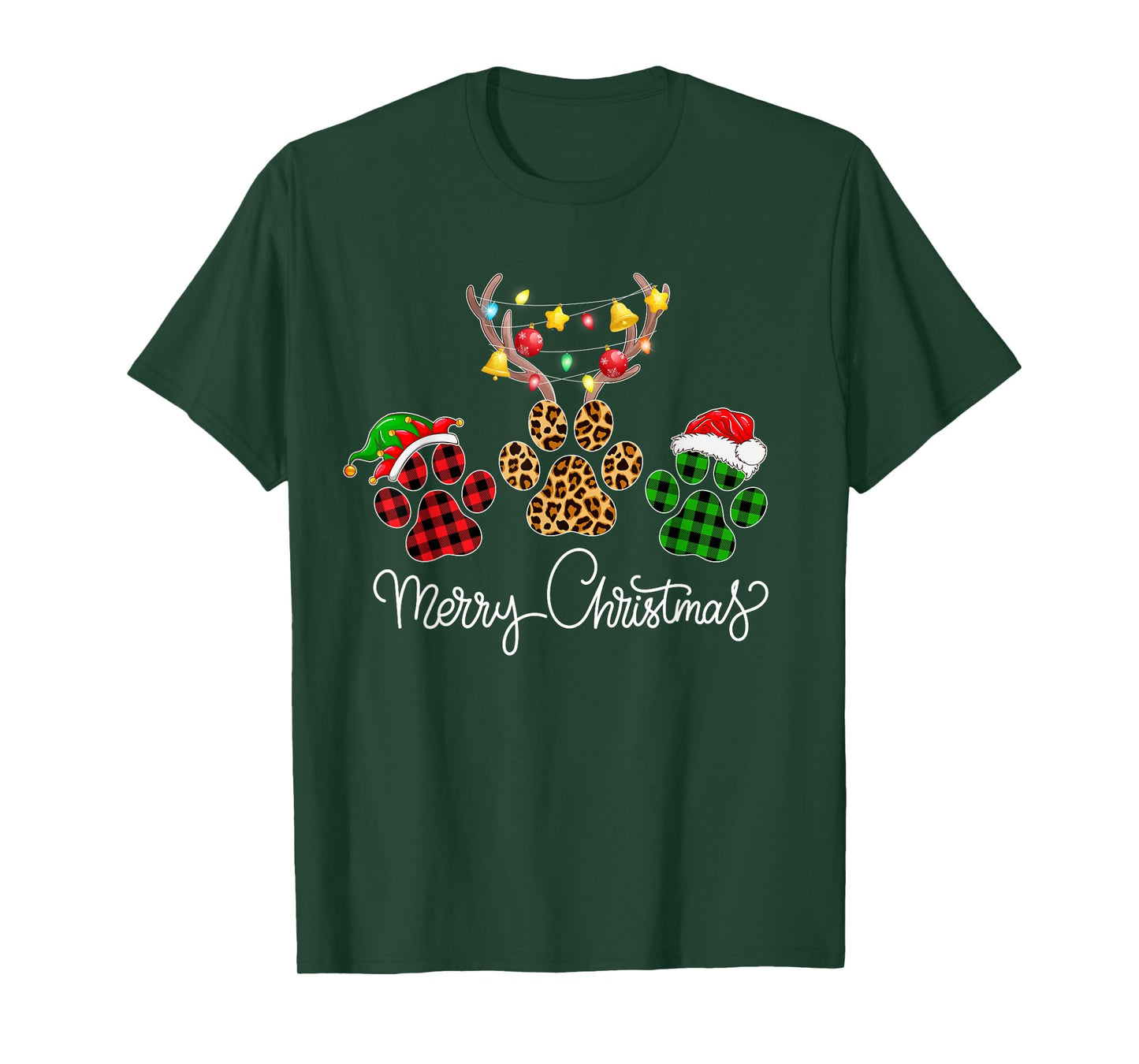 Merry Christmas Dog Paws Lights Buffalo Plaid & Leopard Xmas Men Women Kids T-Shirt