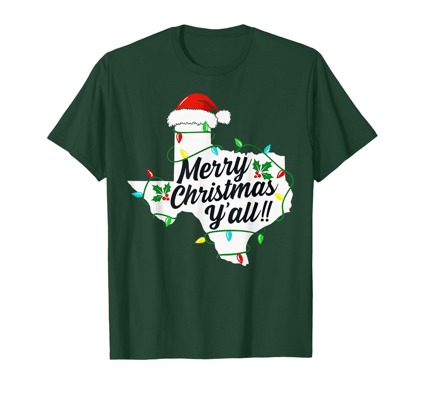 Funny Texas Merry Christmas Y'all State Santa Hat Lights T-Shirt