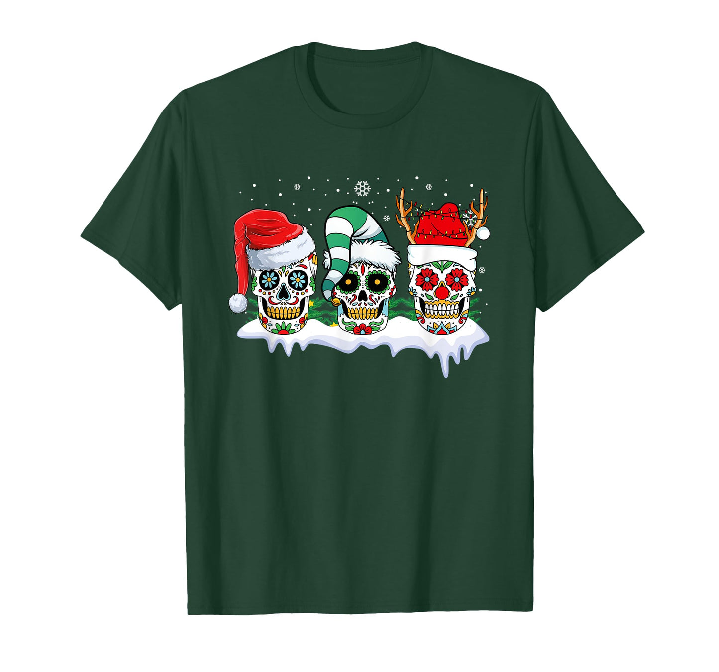 Mexican Calavera Skull Santa Flower Sugar Skull Christmas T-Shirt