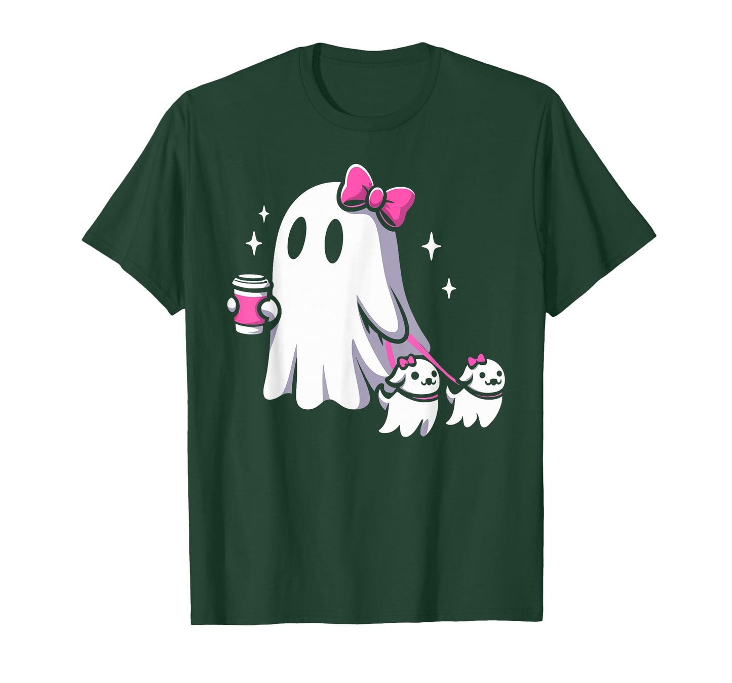 Halloween Cute Ghost Walking Dog Spooky Pink Coquette Ghost T-Shirt