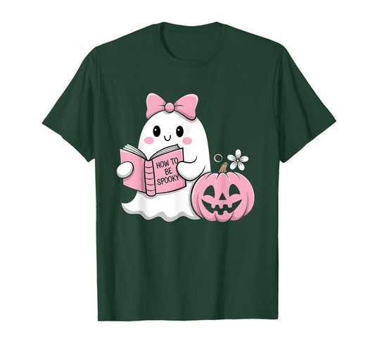 Cute Halloween Ghost Pink Pumpkin Reading How to Be Spooky T-Shirt