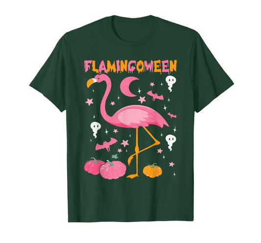 Happy Flamingoween Pink Flamingo Halloween Skeleton Spooky T-Shirt