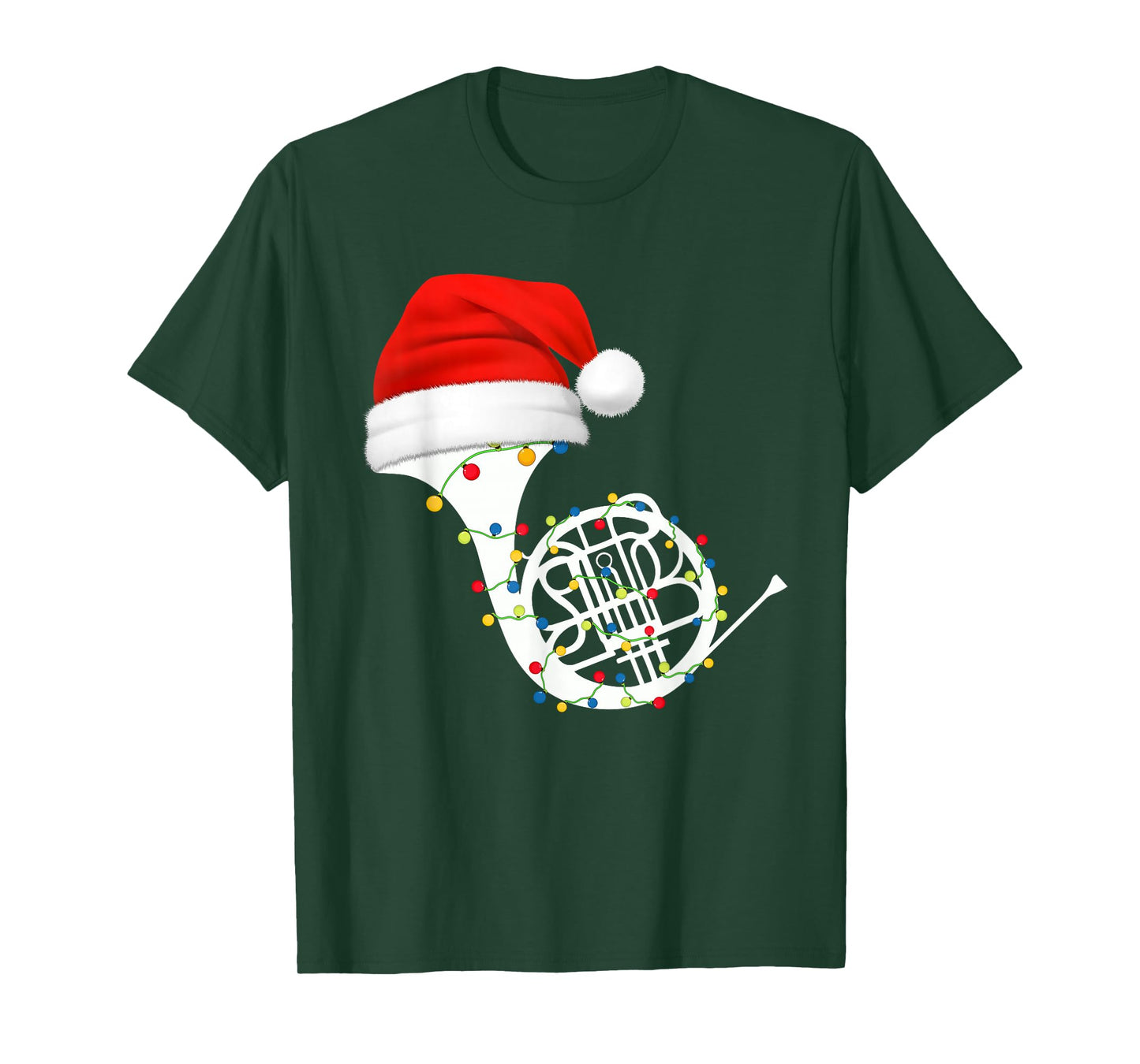 French Horn Christmas Santa Hat Lights Music Lover Xmas T-Shirt