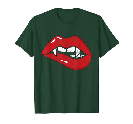 Retro Dracula Vampire Red Lips Teeth Bite Halloween Costume T-Shirt