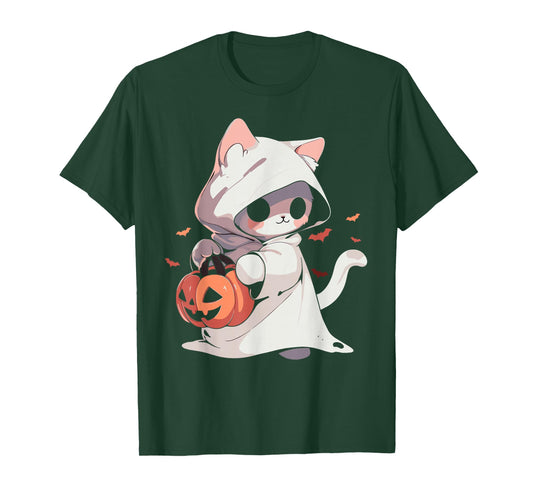 Cat Ghost Kawaii Neko Anime Halloween Costume Pumpkin Lover T-Shirt