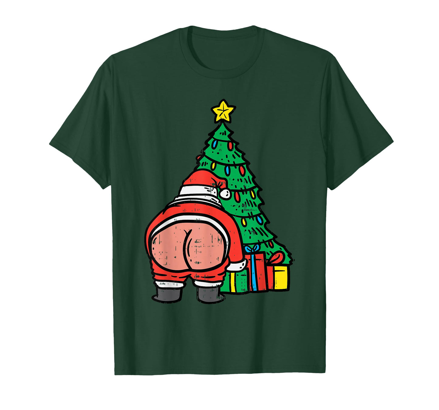 Santa Butt Christmas Tree Presents Funny Xmas Holiday PJ T-Shirt