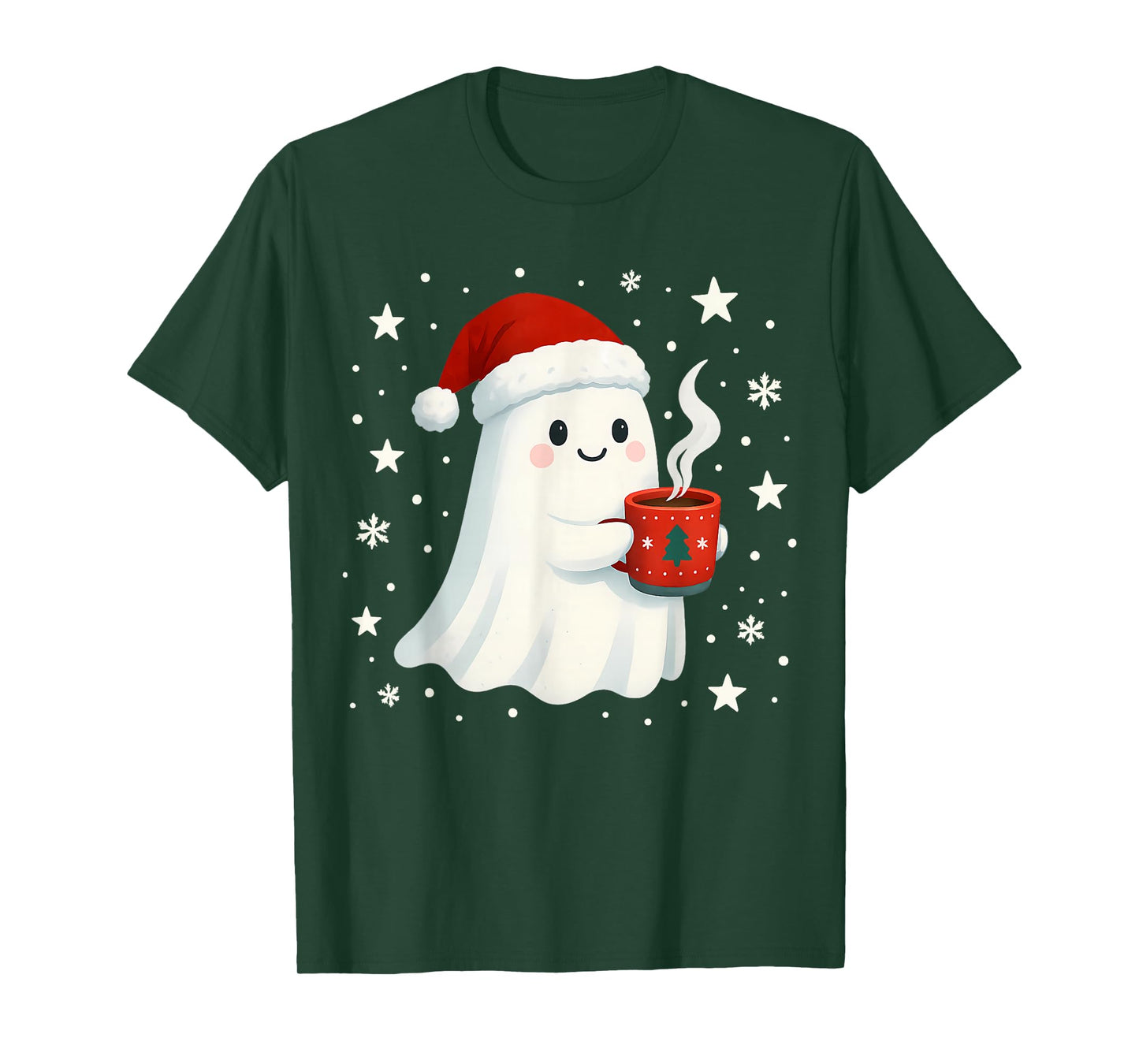 Cute Christmas Ghost Wearing Santa Hat Holding Hot Cocoa Mug T-Shirt