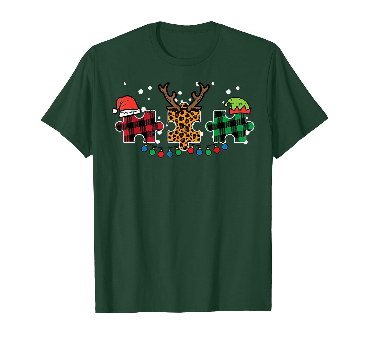 Christmas Leopard Plaid Puzzle Autism Xmas Men Women Kids T-Shirt