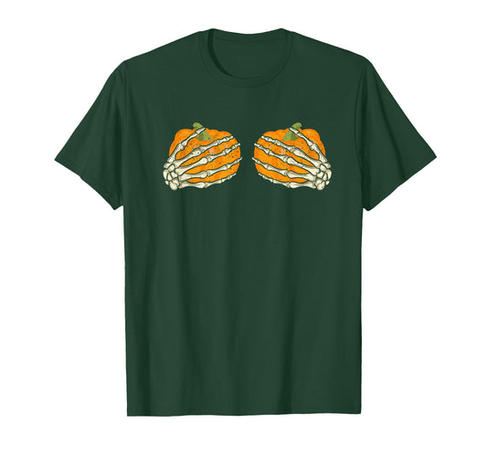 Skeleton Pumpkin Boob Hand Funny Halloween Skeletal Boobs T-Shirt