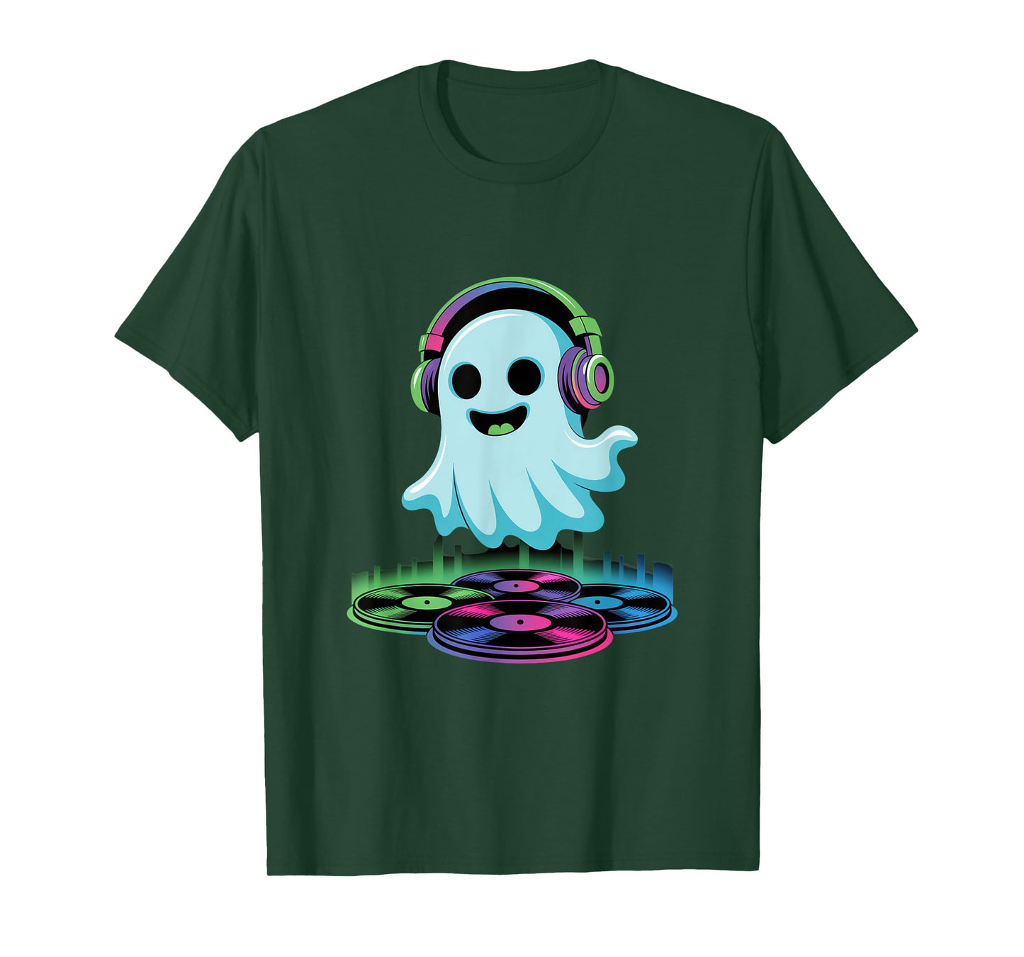 Halloween DJ Ghost With Headphones Fun Vinyl T-Shirt
