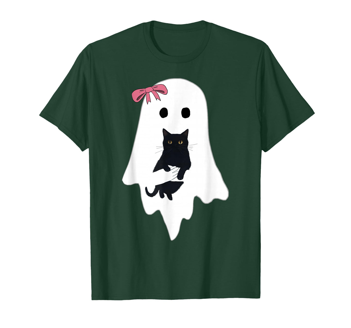 Cute Ghost Black Cat Pink Bow Funny Vintage Spooky Halloween T-Shirt