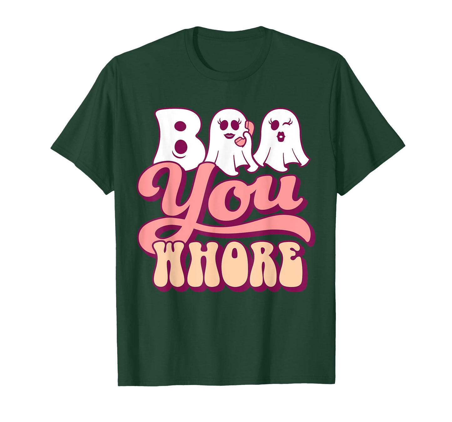 Boo You Whore Funny Groovy Halloween Ghost on Pink Phone T-Shirt