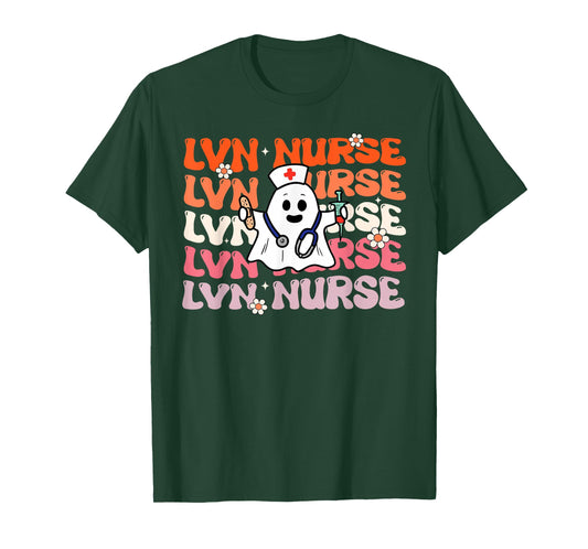 LVN Nurse Groovy Funny Halloween Ghost Nursing Costume T-Shirt