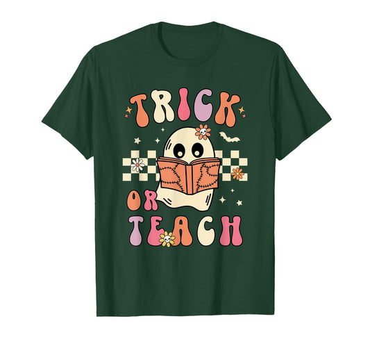 Groovy Halloween Trick or Teach Retro Floral Ghost Teacher Men Women T-Shirt