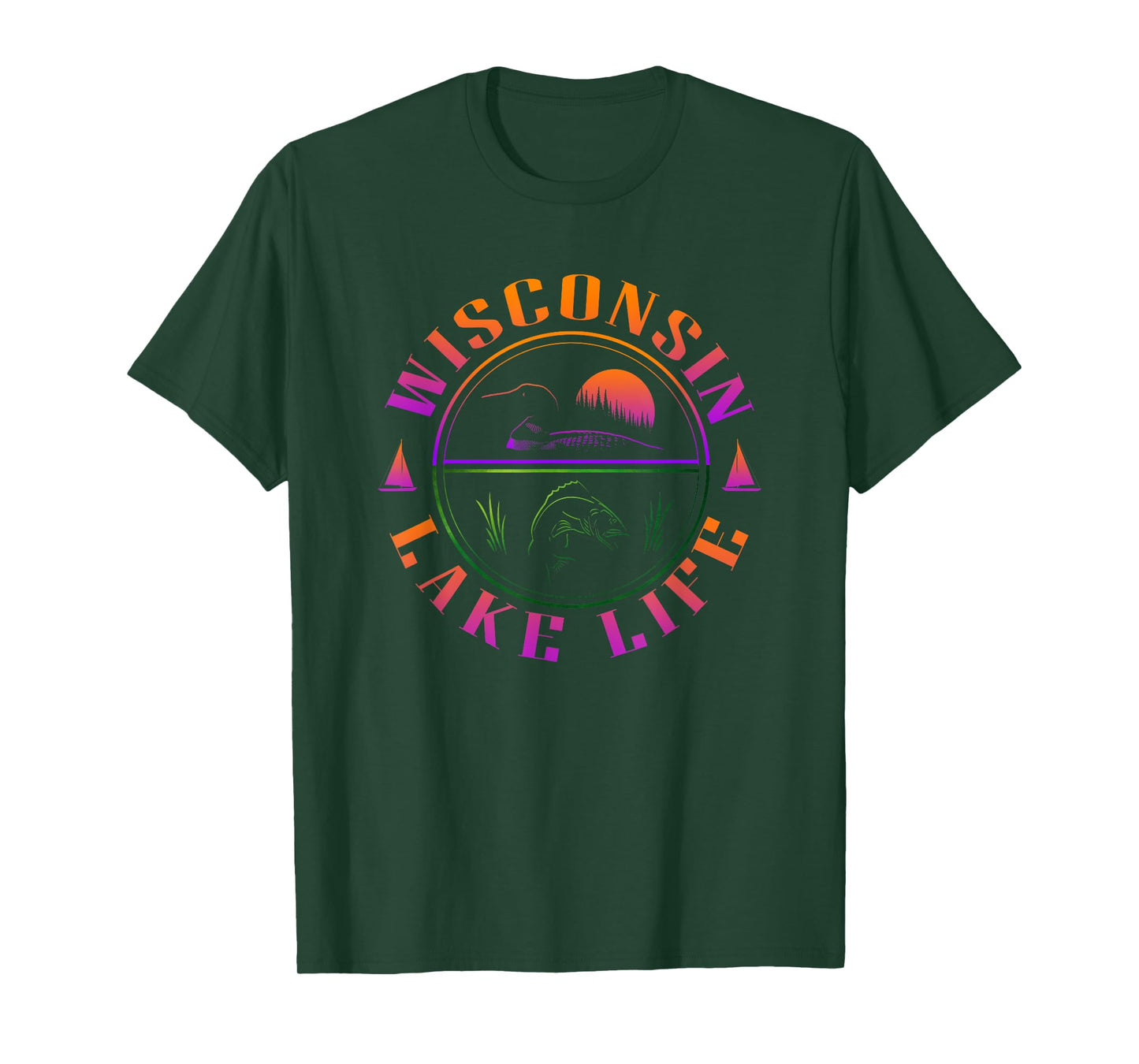 Wisconsin - Lake Life with Loon, Walleye, and Sunset T-Shirt