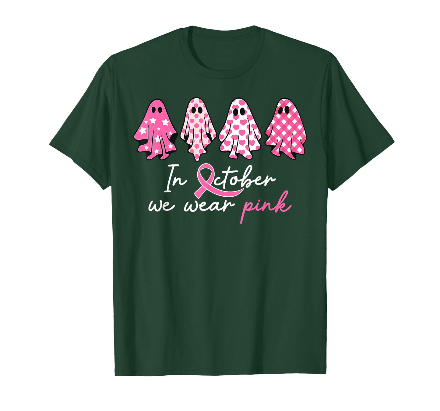 in October We Wear Pink Ghost Witch Breast Cancer Awareness T-Shirt