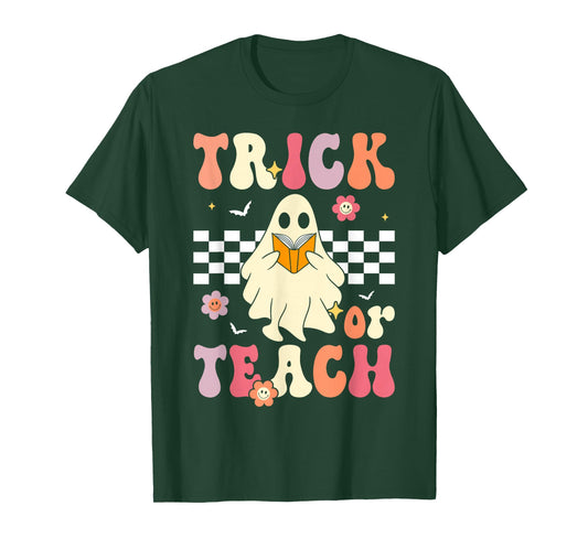 Groovy Teacher Halloween Retro Trick or Teach Floral Ghost T-Shirt