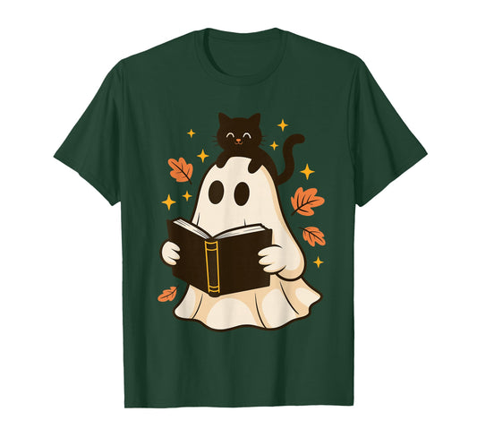 Books Ghost Reading Book Halloween Library Black Cat Fall T-Shirt