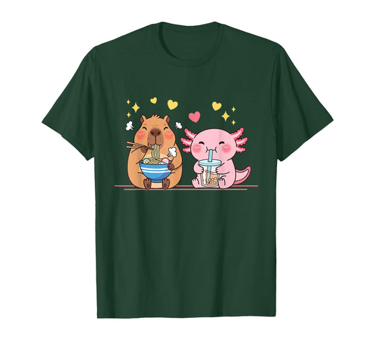 Cute Capybara and Axolotl Funny Ramen Boba Tea Anime Kids T-Shirt