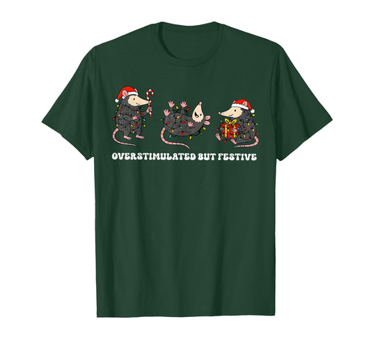 Funny Santa Opossums Overstimulated But Festive Xmas Lights T-Shirt