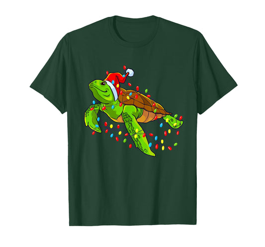 Sea Turtle Christmas Lights Funny Santa Hat Merry Christmas T-Shirt
