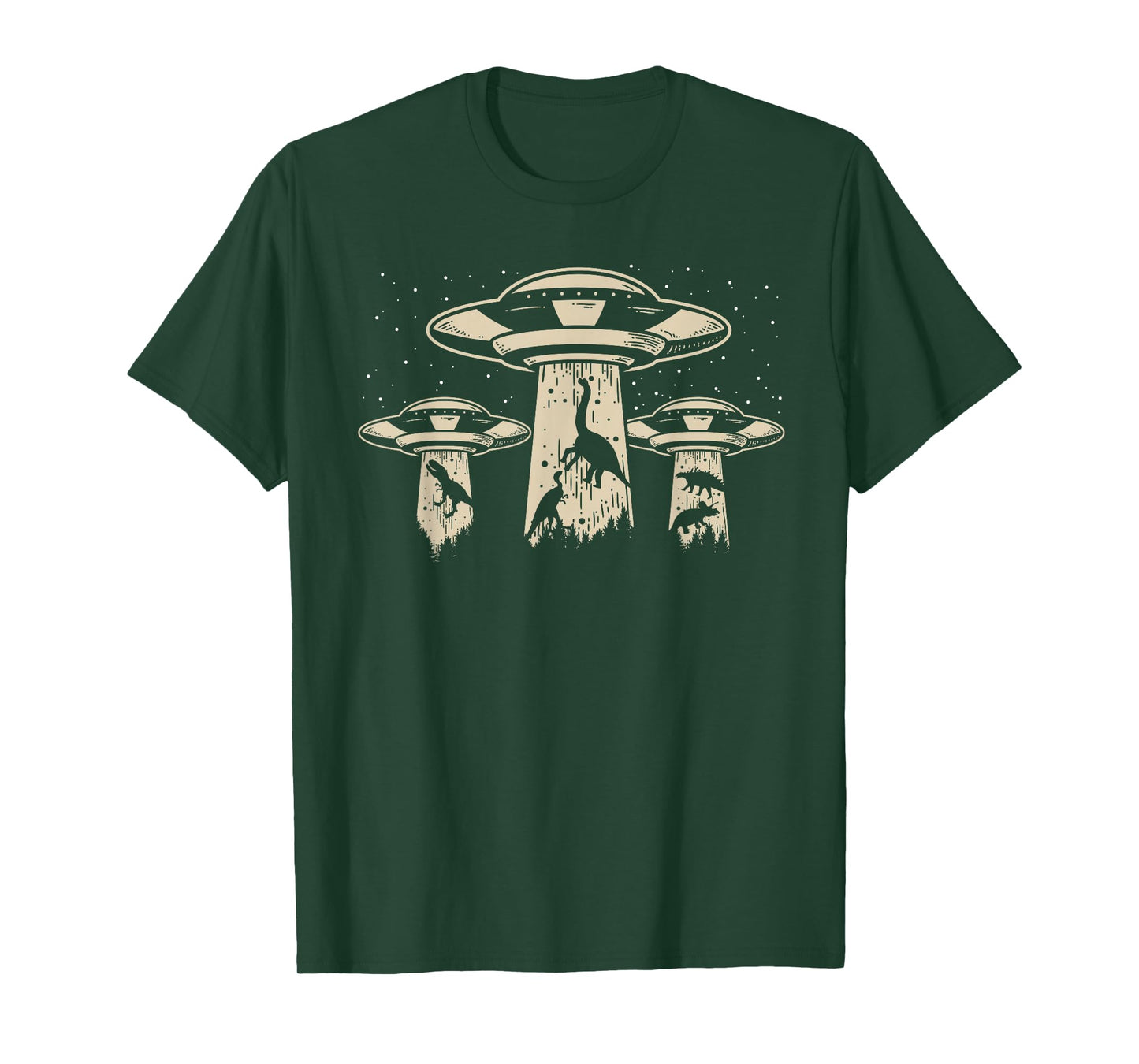 Wowsome! Alien UFO Abduction Dinosaur T-Shirt - Unisex-Adults/Kids - Black - Short Sleeve - Classic Fit - Cotton/Polyester - Machine Wash - Small