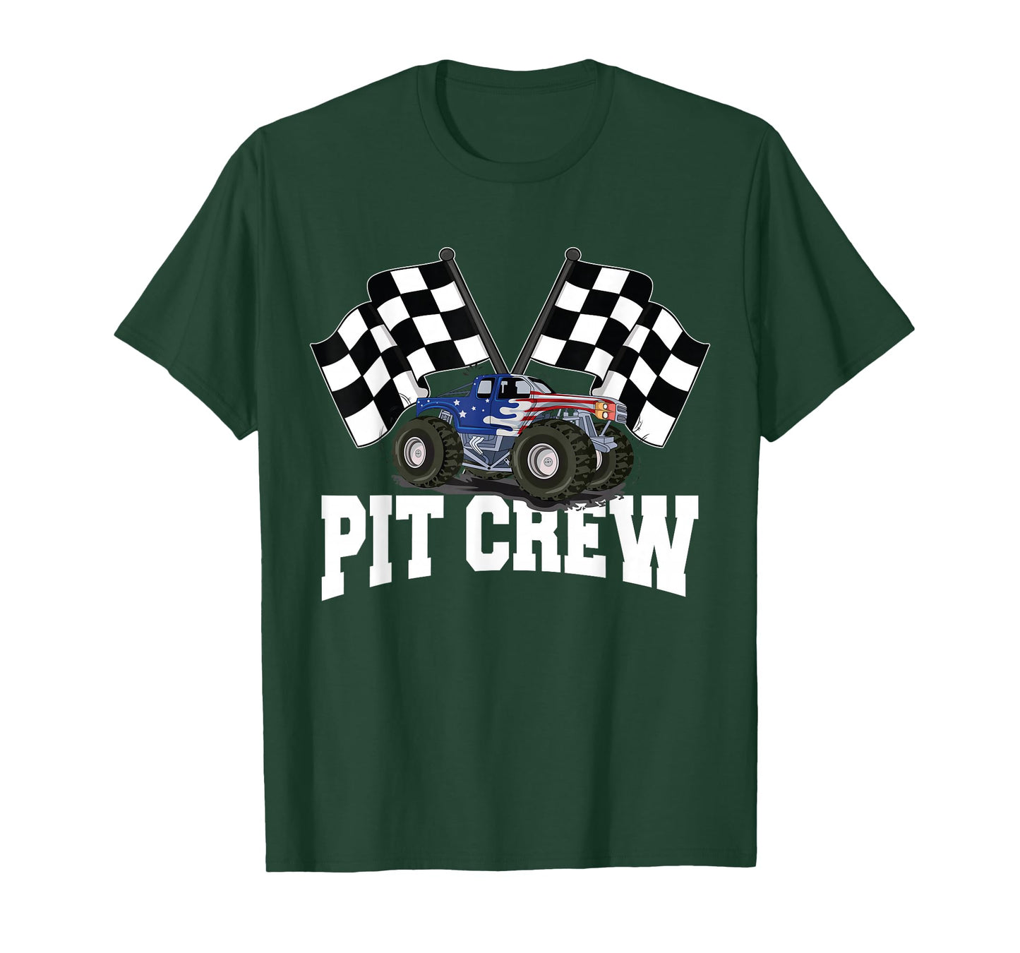 Pit Crew USA Monster Truck Racing Party And Checked Flag T-Shirt