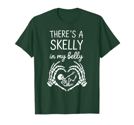 Funny Skeleton There's Skelly in My Belly Pregnant Halloween T-Shirt