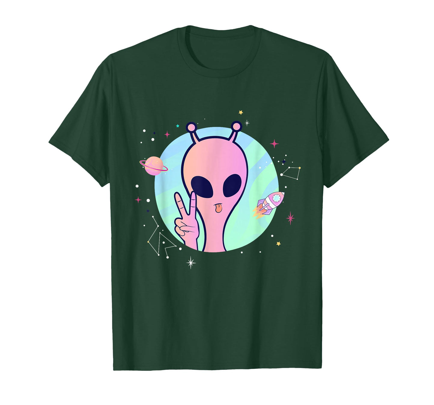 Peace Sign Hand Planet Stars UFO Cool Trippy Pink Alien T-Shirt