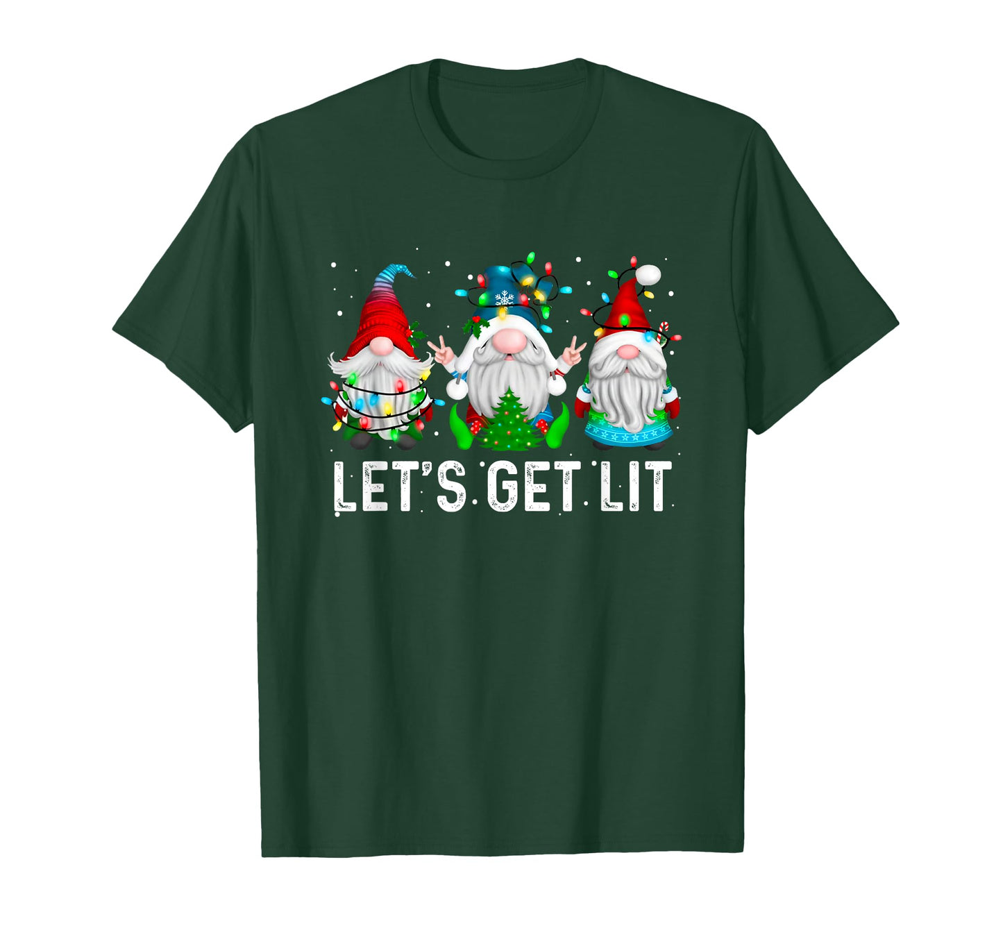 Let's Get Lit Funny Gnome Christmas Drinking Xmas Lights T-Shirt