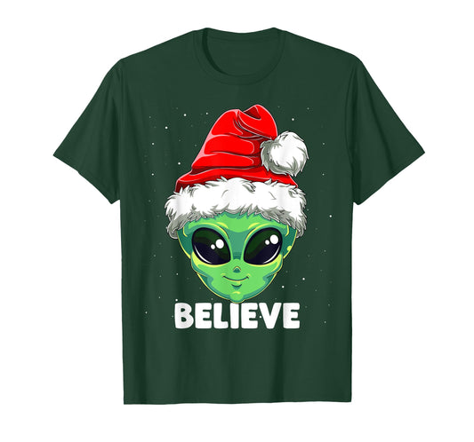 Christmas Alien Santa Costume Funny UFO Santa Hat Xmas Kids T-Shirt