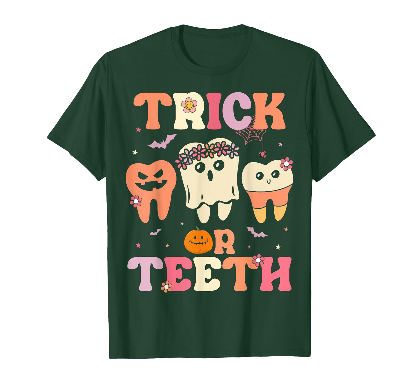 Trick Or Teeth Ghost Groovy Dental Halloween Treat Dentist T-Shirt
