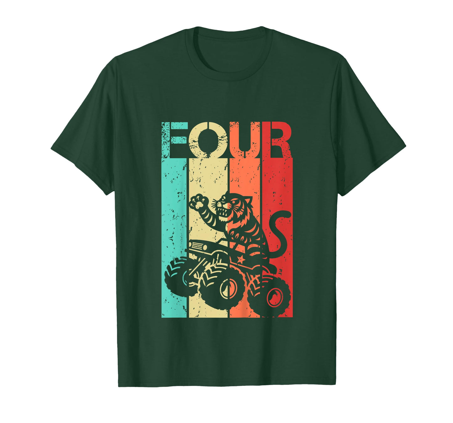 Kids 4th Birthday Boy Girl 4 Year Old Tiger And Monster Truck T-Shirt