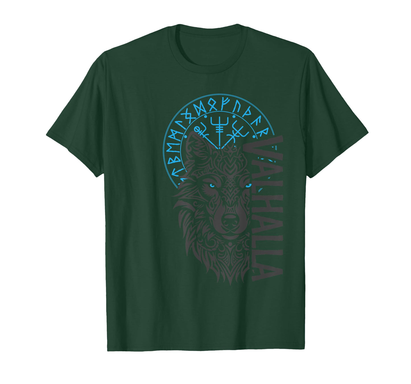 Valhalla & Viking Compass - Nordic Wolf Design T-Shirt, Small, Black