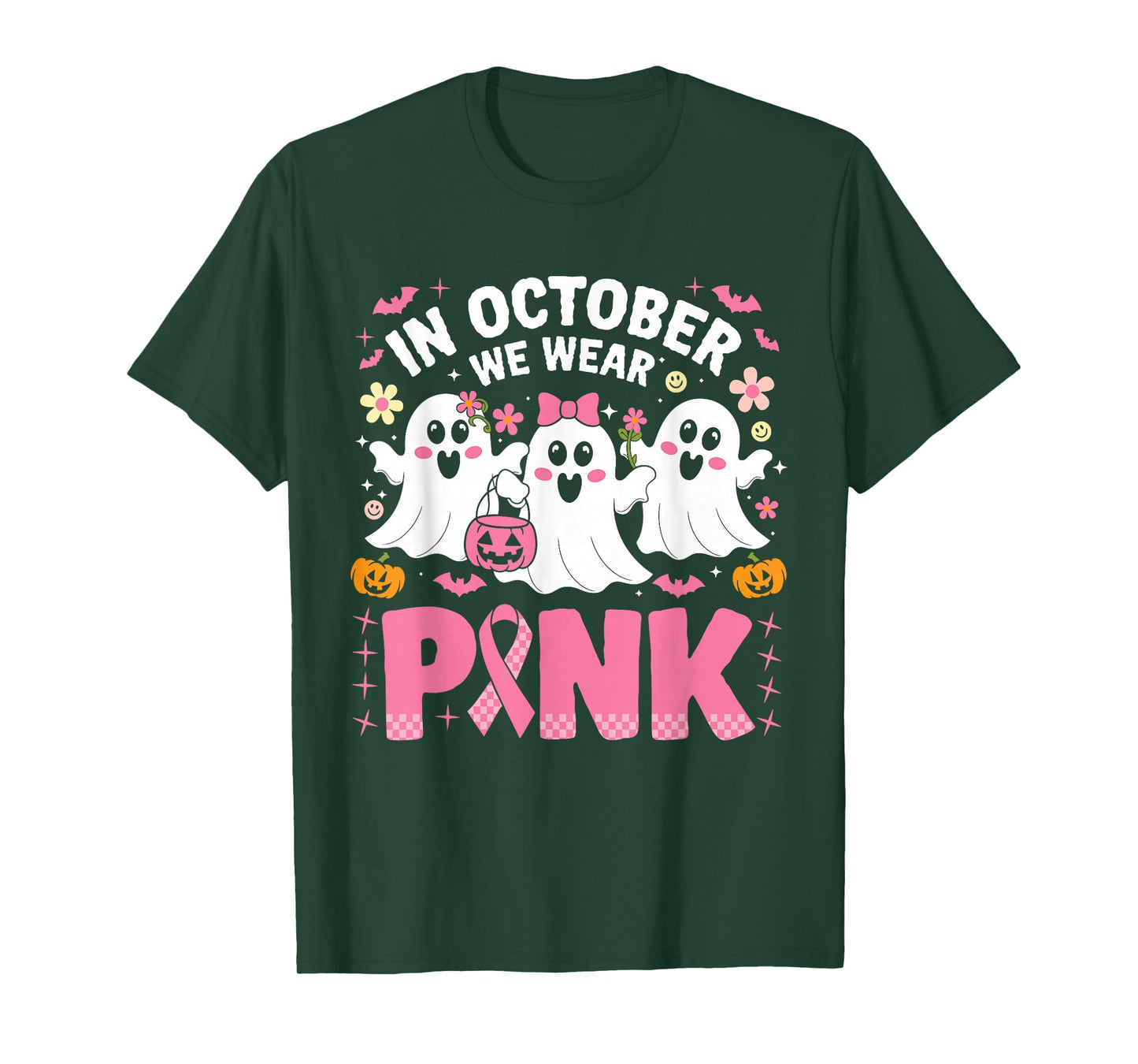 In October We Wear Pink Ghost Witch Breast Cancer Awareness T-Shirt