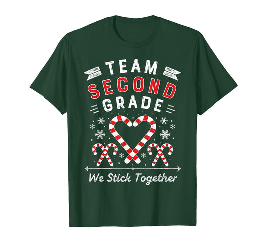 Team Second Grade Christmas Candy Cane Heart | Xmas Teacher Men Women Kids T-Shirt