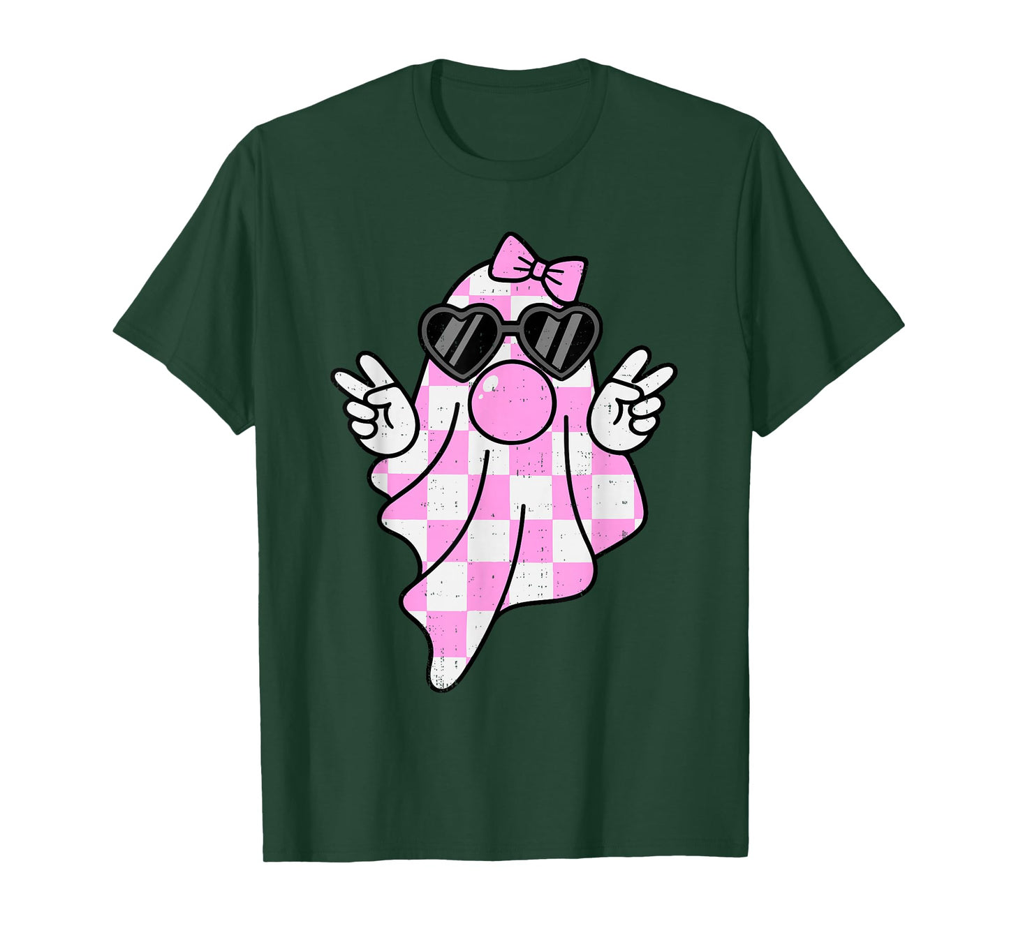 Cute Pink Plaid Ghost Bubblegum Peace Sign Halloween Girl T-Shirt