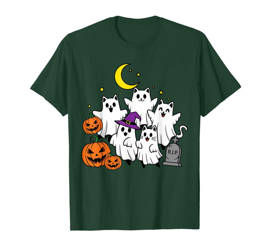 Cute Ghost Cats and Pumpkins Graveyard Fun Halloween Costume T-Shirt