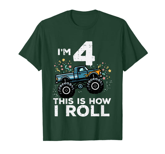 Kids Im 4 Monster Truck This How I Roll 4th Birthday Boys Kids T-Shirt