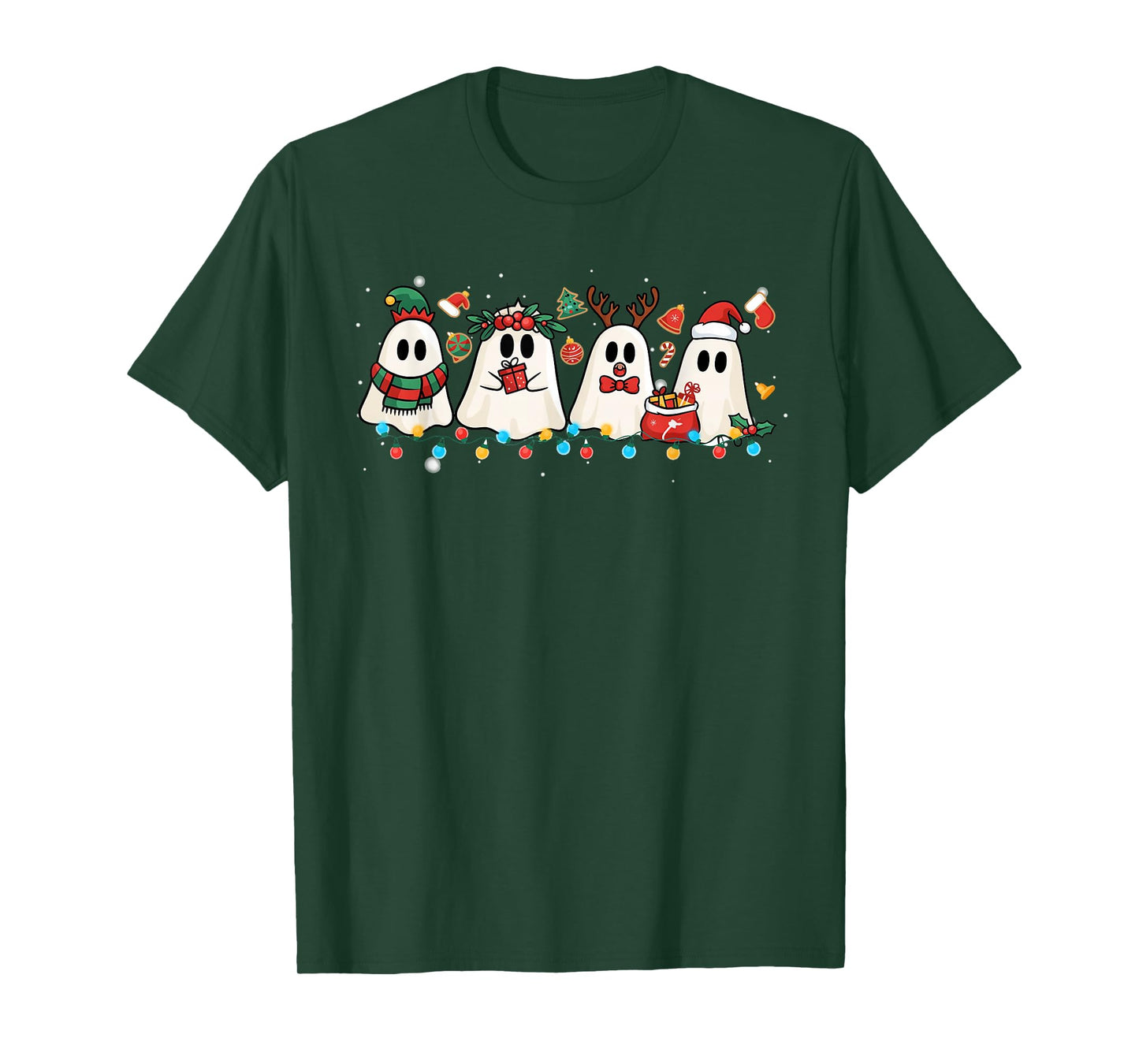 Cute Ghost Lights Tree Cake Merry Christmas Funny Xmas T-Shirt