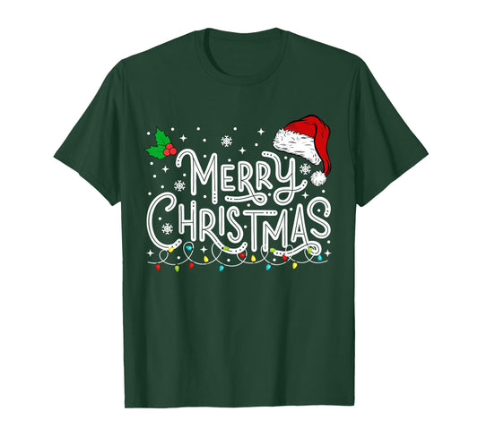 Merry Christmas Lights Red Santa Hat Xmas Family Men Women T-Shirt