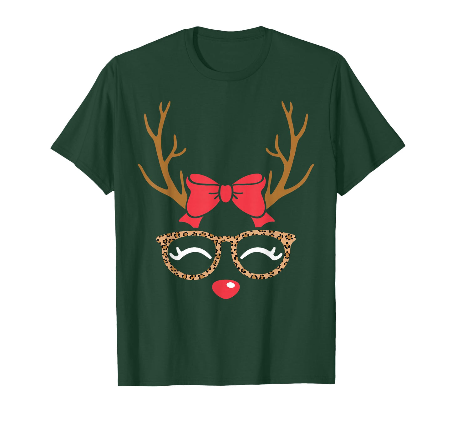 Reindeer Face Bow Leopard Glasses Christmas Womens Girls T-Shirt