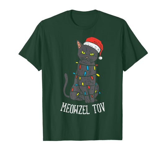 Meowzel Tov Hanukkah Black Cat Christmas Lights Pet Gift T-Shirt