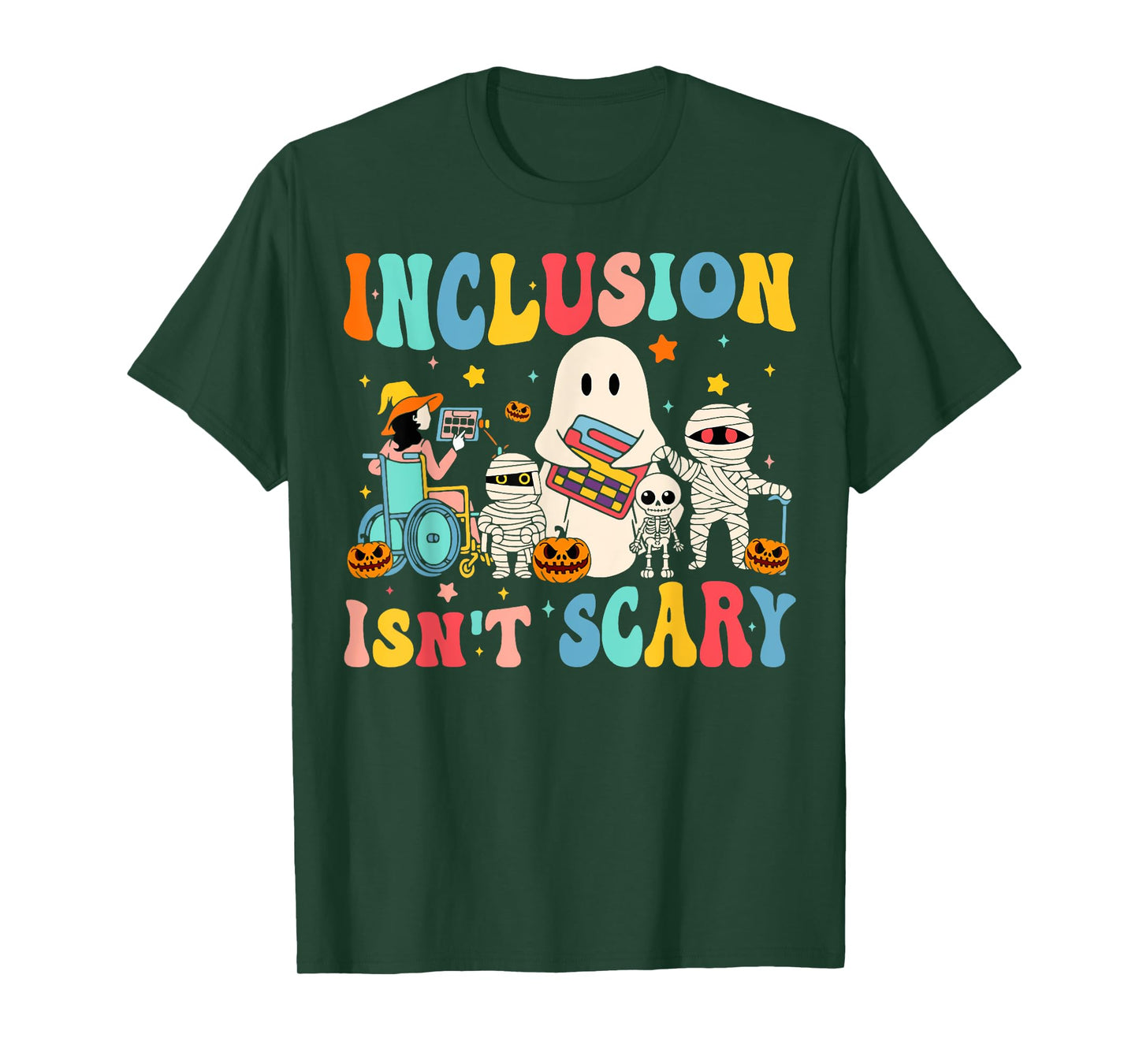 Inclusion Isn't Scary Teacher Skeleton Ghost Cute Halloween T-Shirt